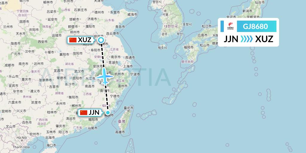 GJ8680 Loong Airlines Flight Map: Jinjiang to Xuzhou
