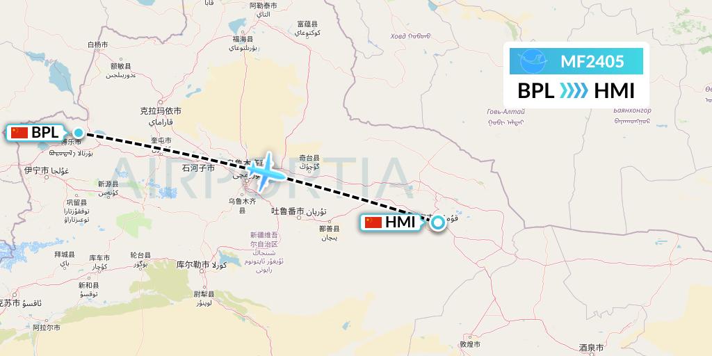 MF2405 Xiamen Airlines Flight Map: Bole to Hami City