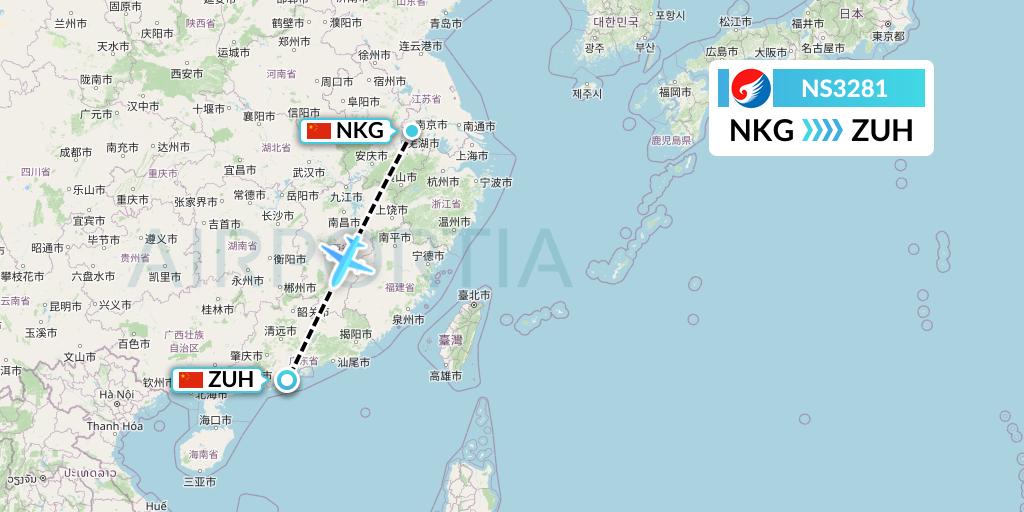 NS3281 Hebei Airlines Flight Map: Nanjing to Zhuhai
