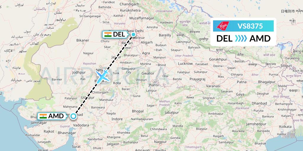 VS8375 Virgin Atlantic Airways Flight Map: Delhi to Ahmedabad