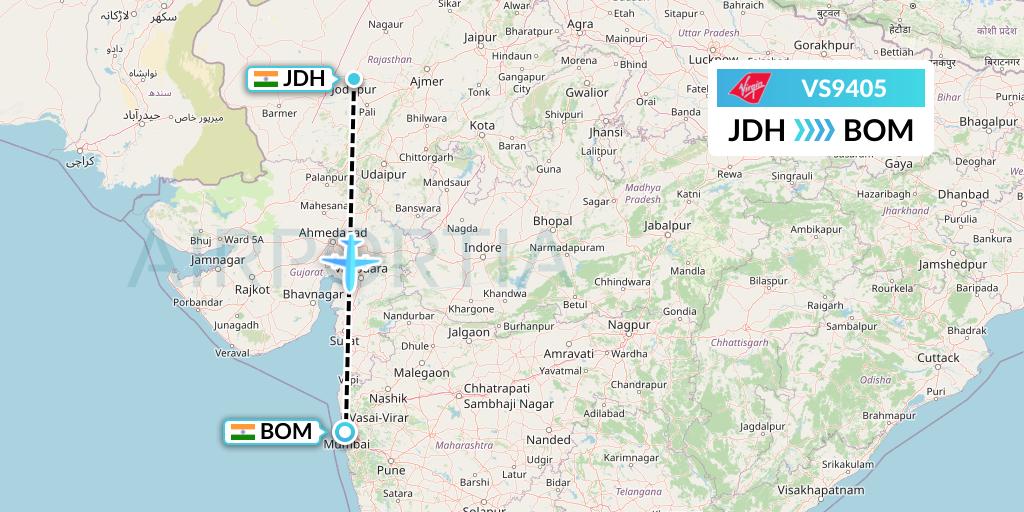 VS9405 Virgin Atlantic Airways Flight Map: Jodhpur to Mumbai