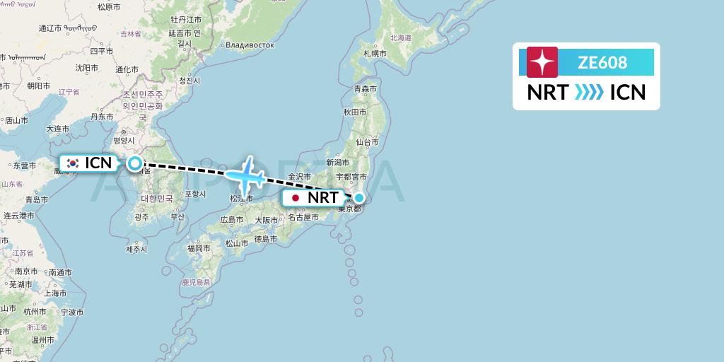 ZE608 Eastar Jet Flight Map: Tokyo to Seoul