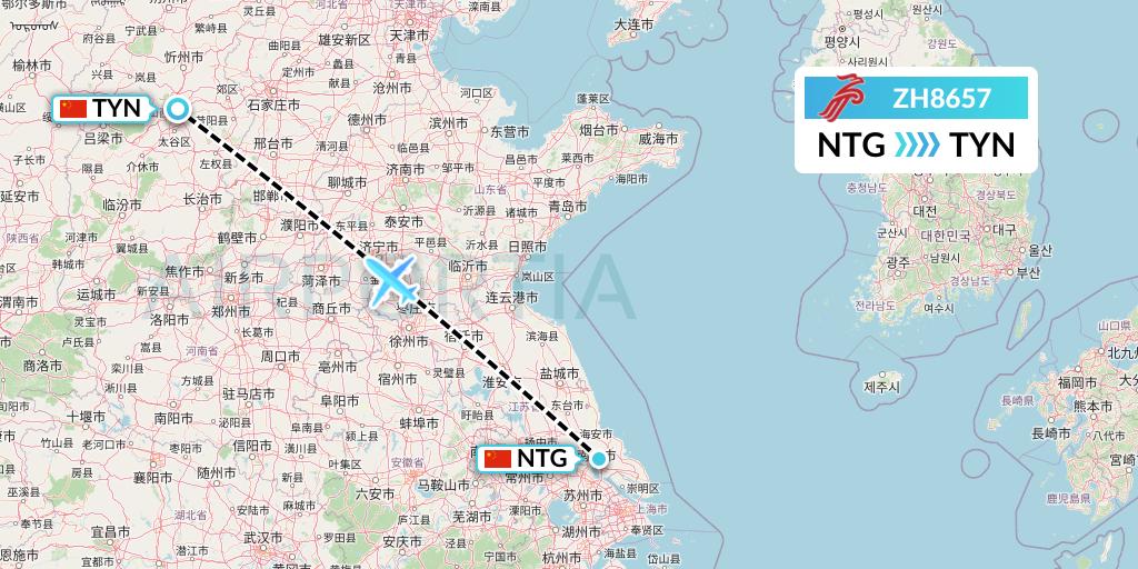 ZH8657 Shenzhen Airlines Flight Map: Nantong to Taiyuan