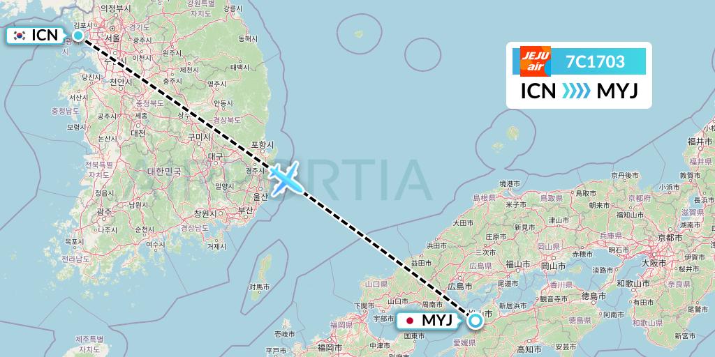 7C1703 Jeju Air Flight Map: Seoul to Matsuyama