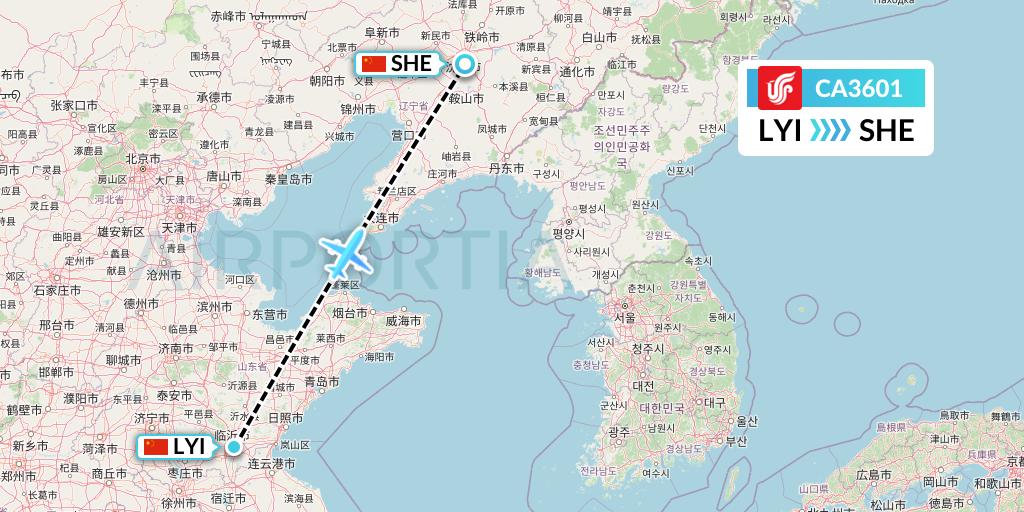 CA3601 Air China Flight Map: Linyi to Shenyang