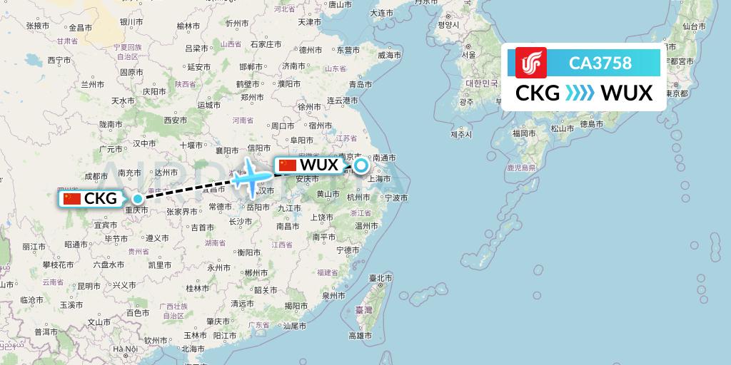CA3758 Air China Flight Map: Chongqing to Wuxi