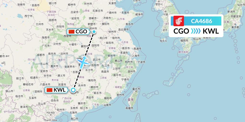 CA4686 Air China Flight Map: Zhengzhou to Guilin