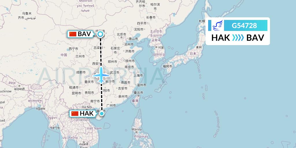 G54728 China Express Airlines Flight Map: Haikou to Baotou