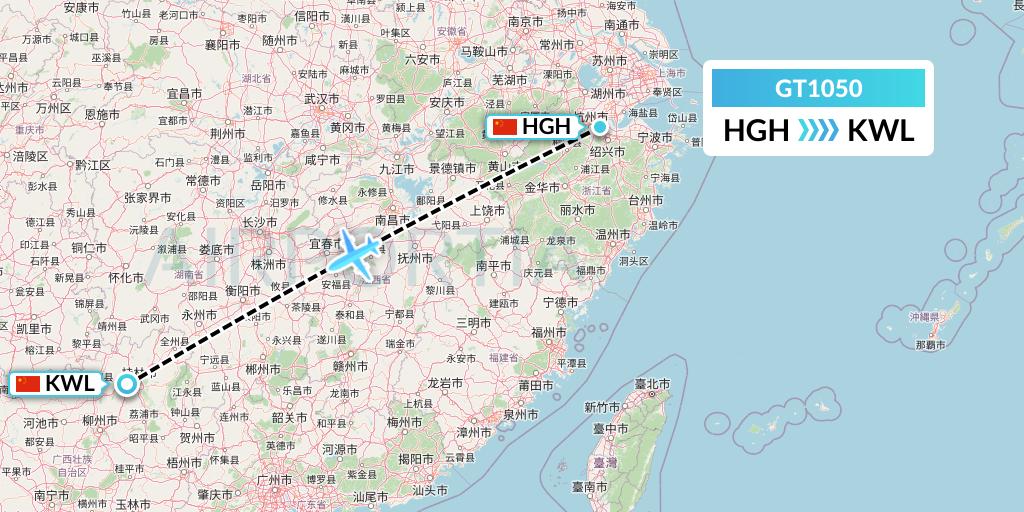 GT1050 Air Guilin Flight Map: Hangzhou to Guilin