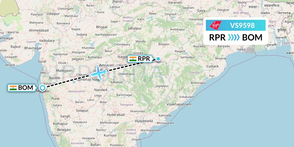VS9598 Virgin Atlantic Airways Flight Map: Raipur to Mumbai