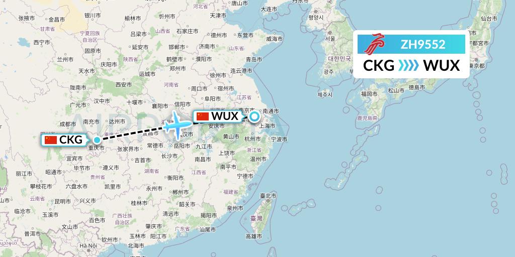 ZH9552 Shenzhen Airlines Flight Map: Chongqing to Wuxi