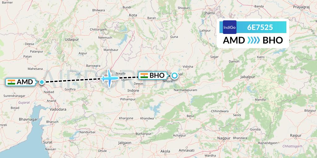 6E7525 IndiGo Airlines Flight Map: Ahmedabad to Bhopal