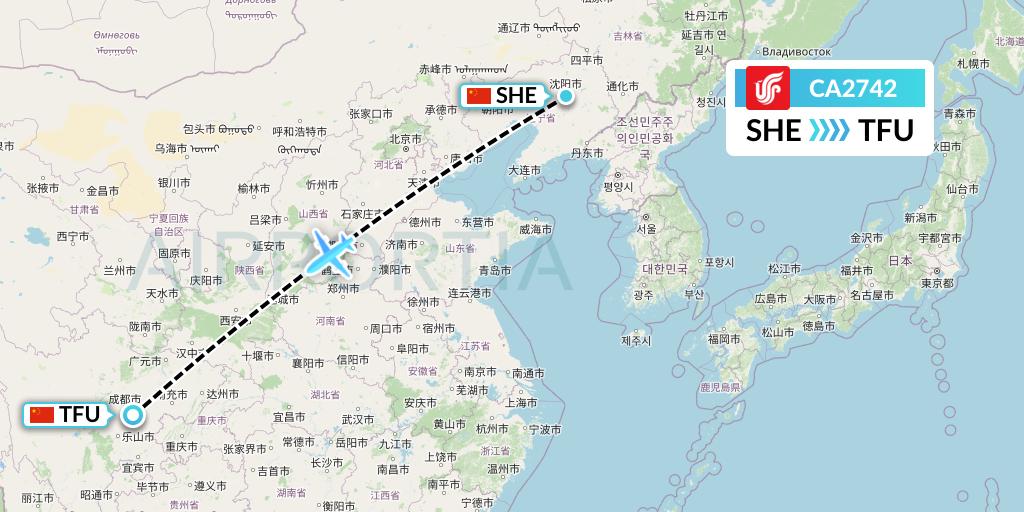 CA2742 Air China Flight Map: Shenyang to Chengdu