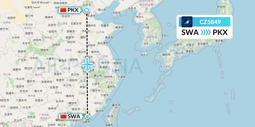 CZ5849 China Southern Airlines Flight Map: Jieyang to Beijing
