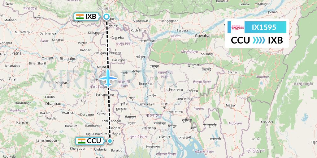 IX1595 Air India Express Flight Map: Kolkata to Siliguri