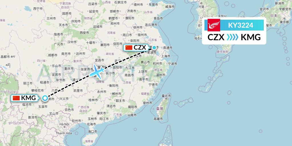 KY3224 Kunming Airlines Flight Map: Changzhou to Kunming