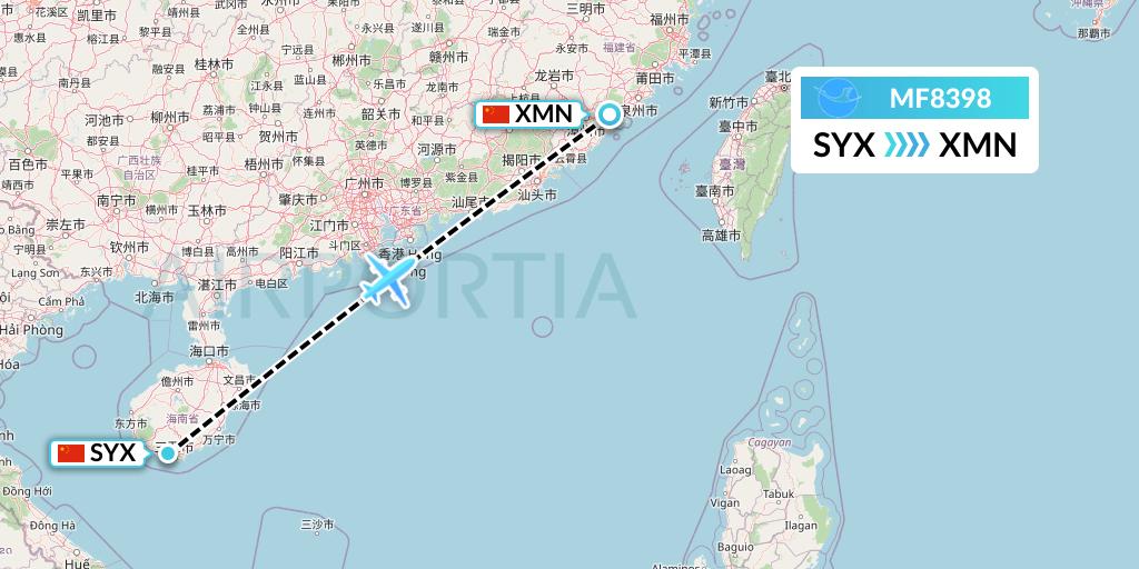 MF8398 Xiamen Airlines Flight Map: Sanya to Xiamen