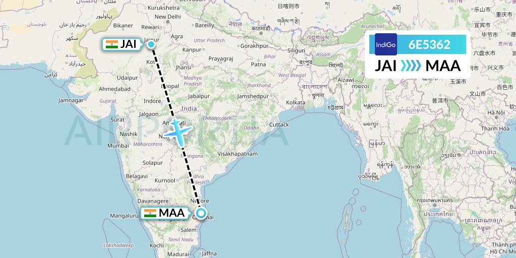 6E5362 IndiGo Airlines Flight Map: Jaipur to Chennai