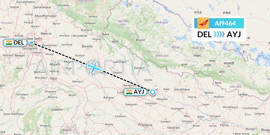 AI9464 Air India Flight Map: Delhi to Lucknow