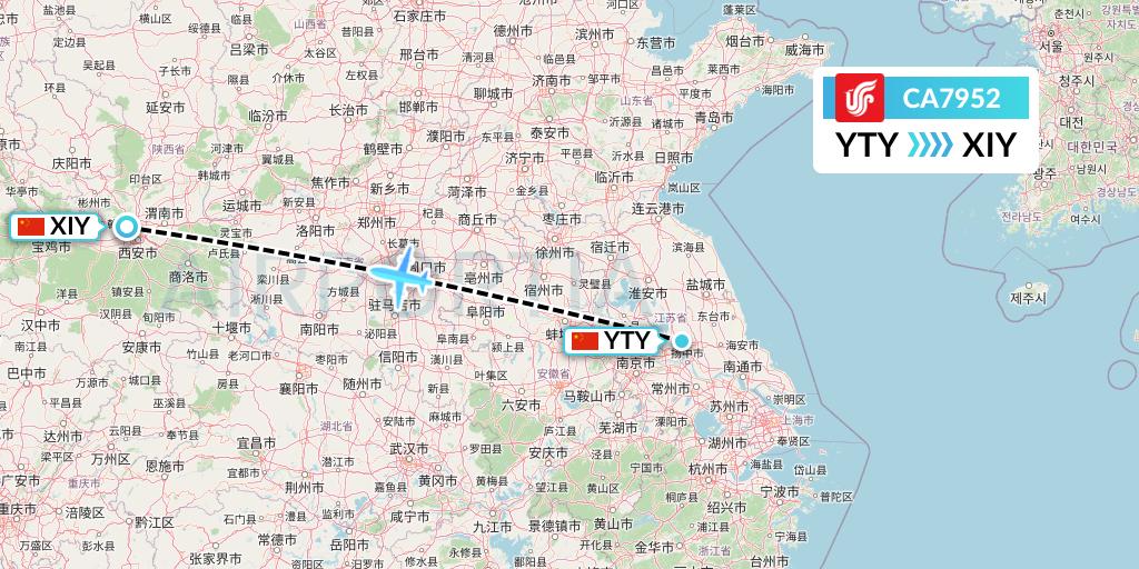 CA7952 Air China Flight Map: Yangzhou to Xi'an