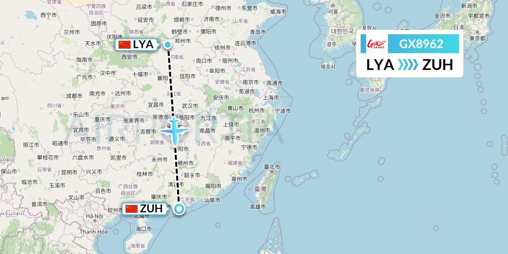 GX8962 GX Airlines Flight Map: Luoyang to Zhuhai