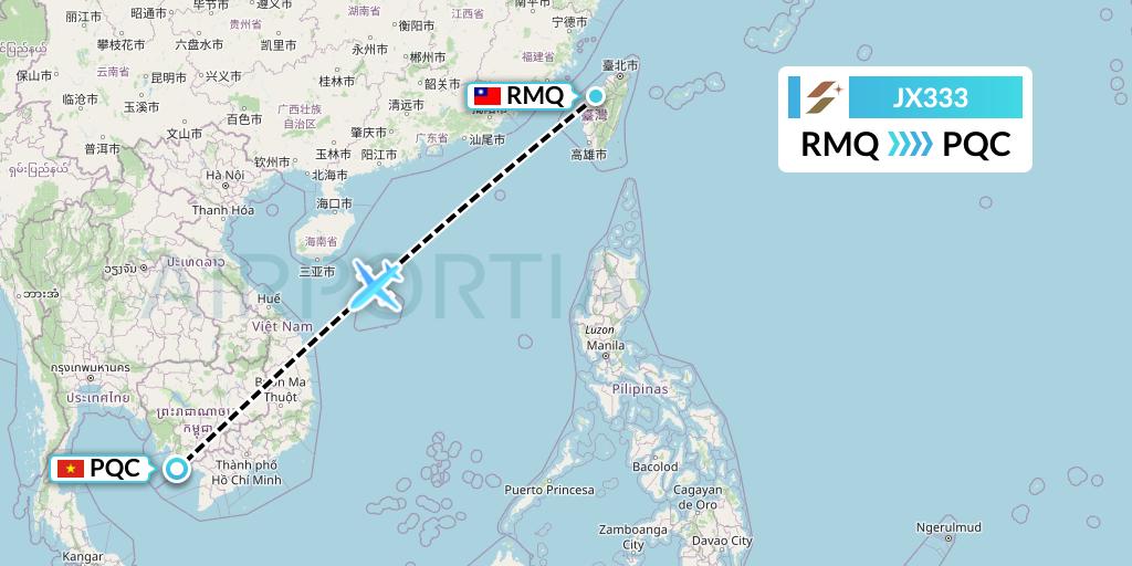 JX333 Starlux Airlines Flight Map: Taichung to Phu Quoc