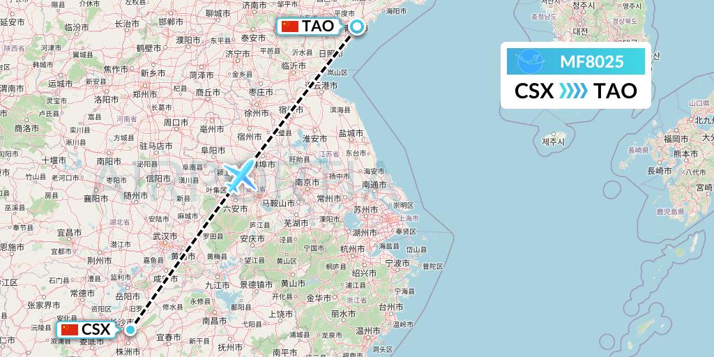 MF8025 Xiamen Airlines Flight Map: Changsha to Qingdao