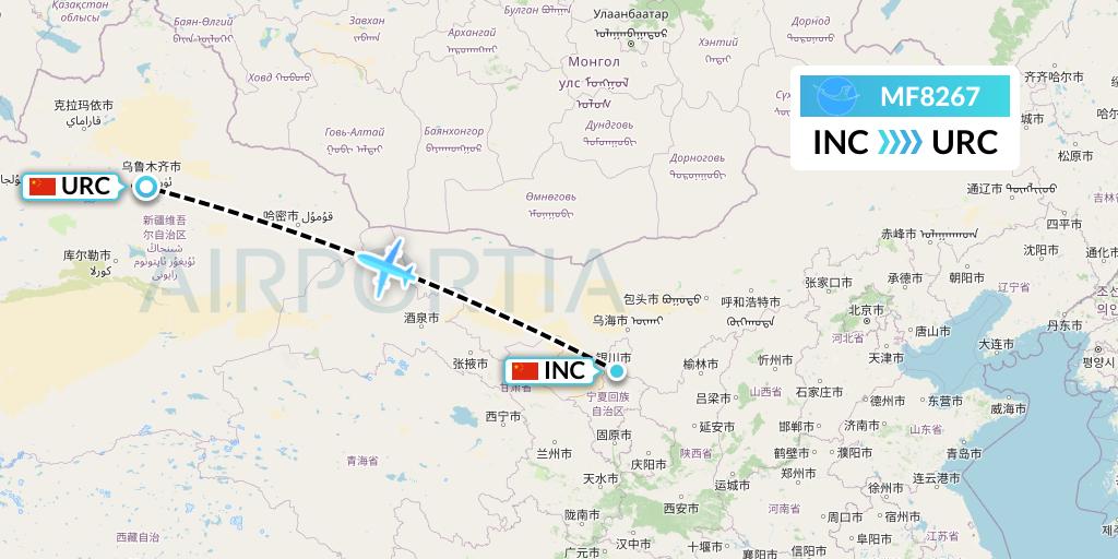 MF8267 Xiamen Airlines Flight Map: Yinchuan to Urumqi