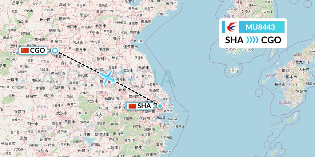 MU8443 China Eastern Airlines Flight Map: Shanghai to Zhengzhou