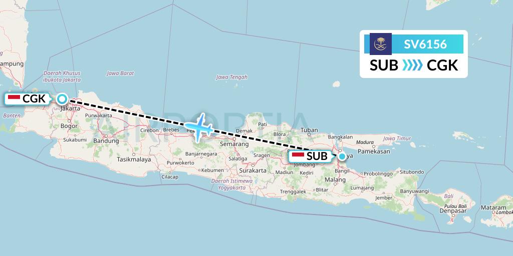 SV6156 Saudi Arabian Airlines Flight Map: Surabaya to Jakarta