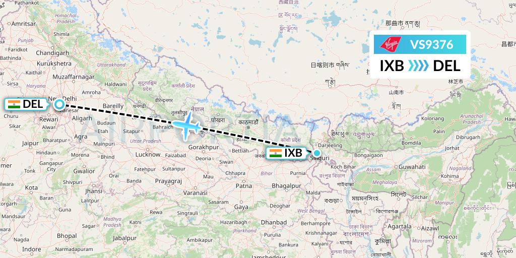 VS9376 Virgin Atlantic Airways Flight Map: Siliguri to Delhi