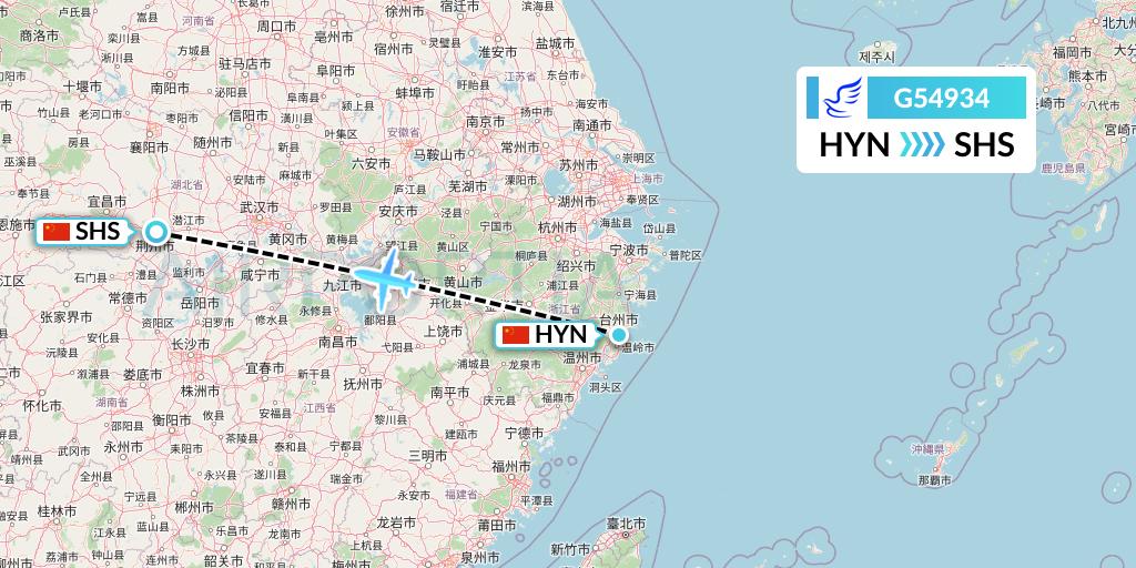 G54934 China Express Airlines Flight Map: Huangyan to Shashi
