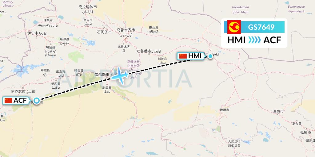 GS7649 Tianjin Airlines Flight Map: Hami City to Aksu