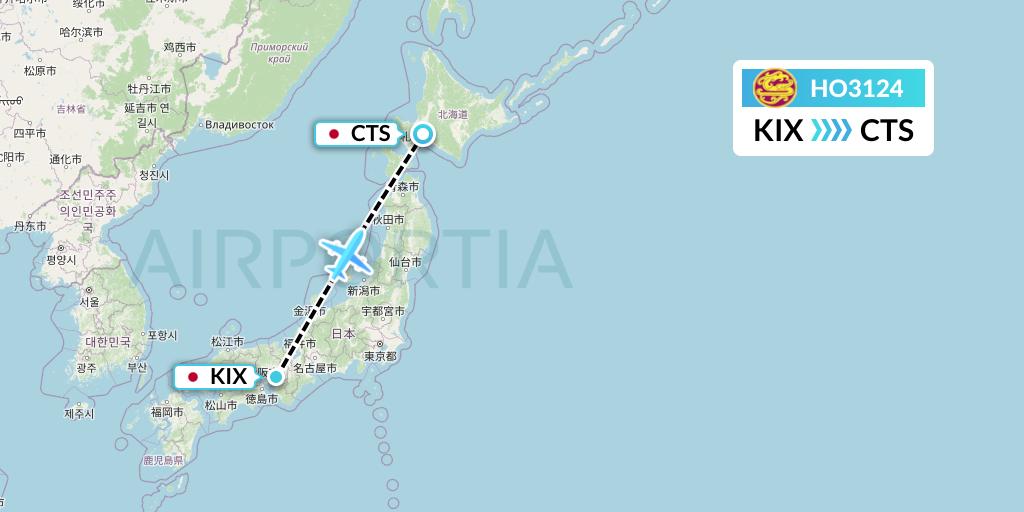 HO3124 Juneyao Airlines Flight Map: Osaka to Sapporo