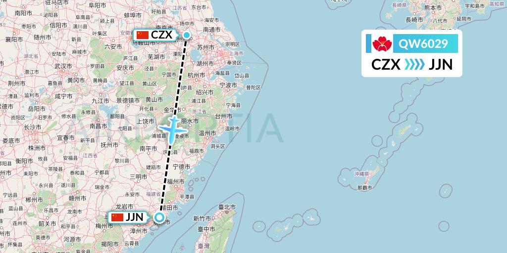 QW6029 Qingdao Airlines Flight Map: Changzhou to Jinjiang