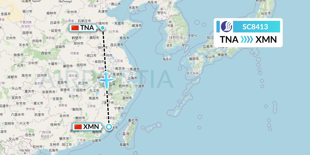 SC8413 Shandong Airlines Flight Map: Jinan to Xiamen