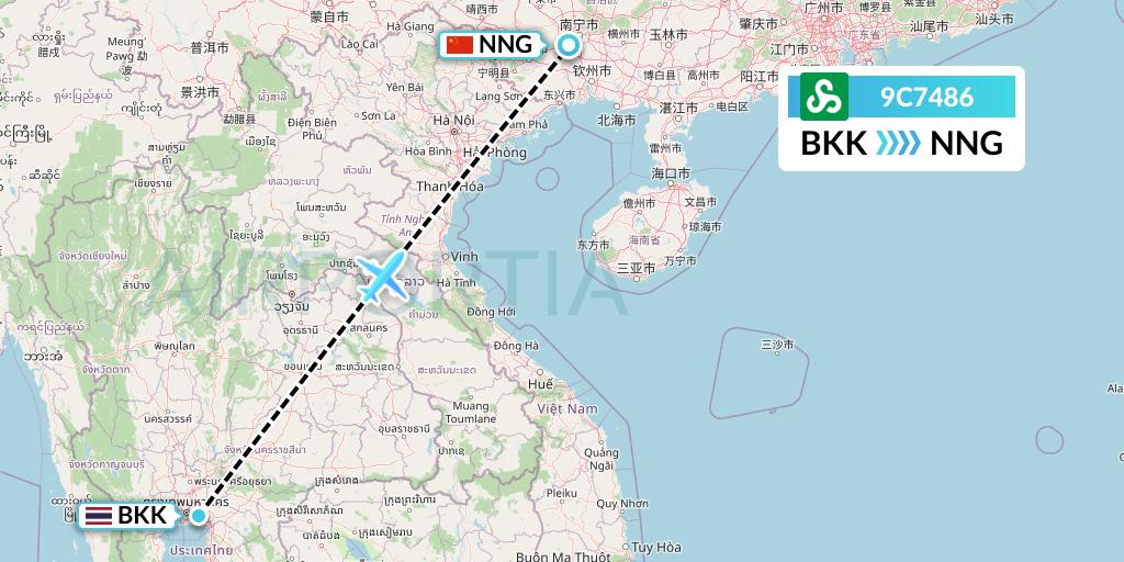 9C7486 Spring Airlines Flight Map: Bangkok to Nanning