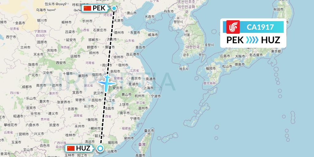 CA1917 Air China Flight Map: Beijing to Huizhou