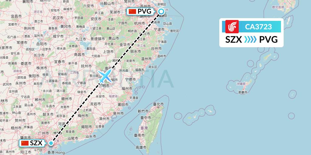 CA3723 Air China Flight Map: Shenzhen to Shanghai