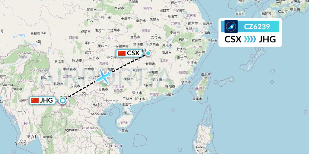 CZ6239 China Southern Airlines Flight Map: Changsha to Jinghong
