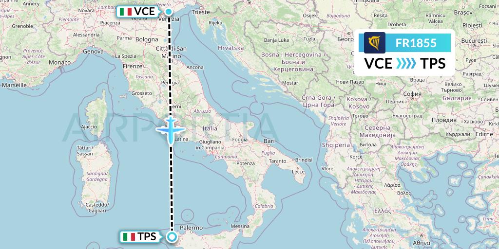 FR1855 Ryanair Flight Map: Venice to Trapani