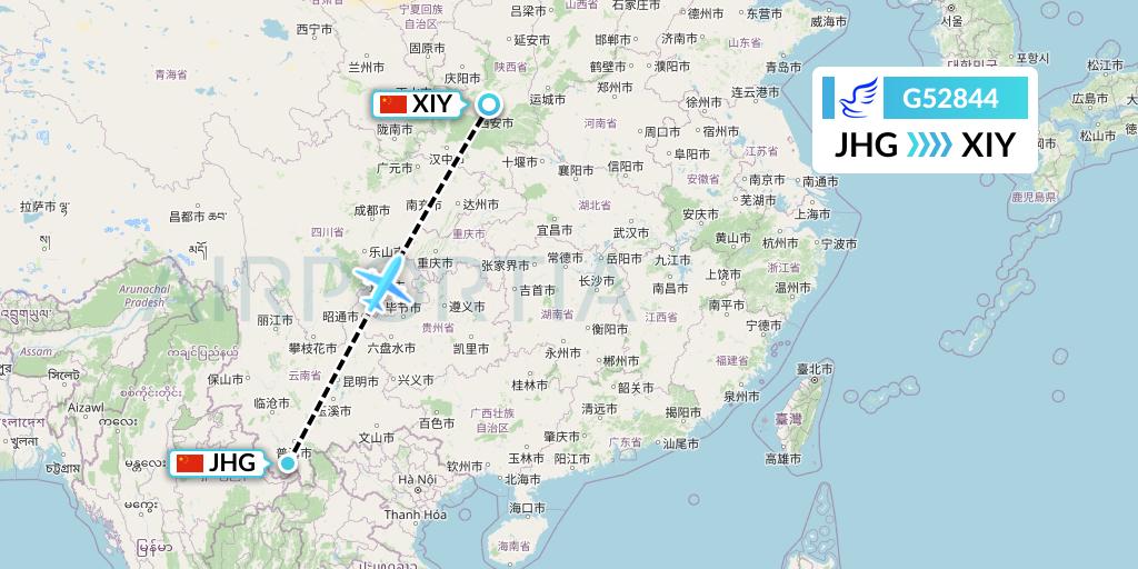 G52844 China Express Airlines Flight Map: Jinghong to Xi'an