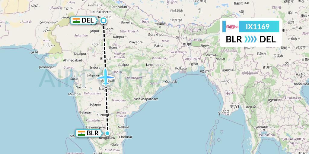 IX1169 Air India Express Flight Map: Bangalore to Delhi