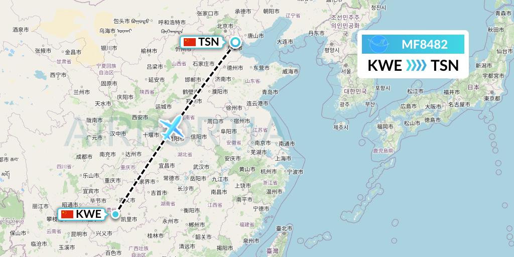 MF8482 Xiamen Airlines Flight Map: Guiyang to Tianjin