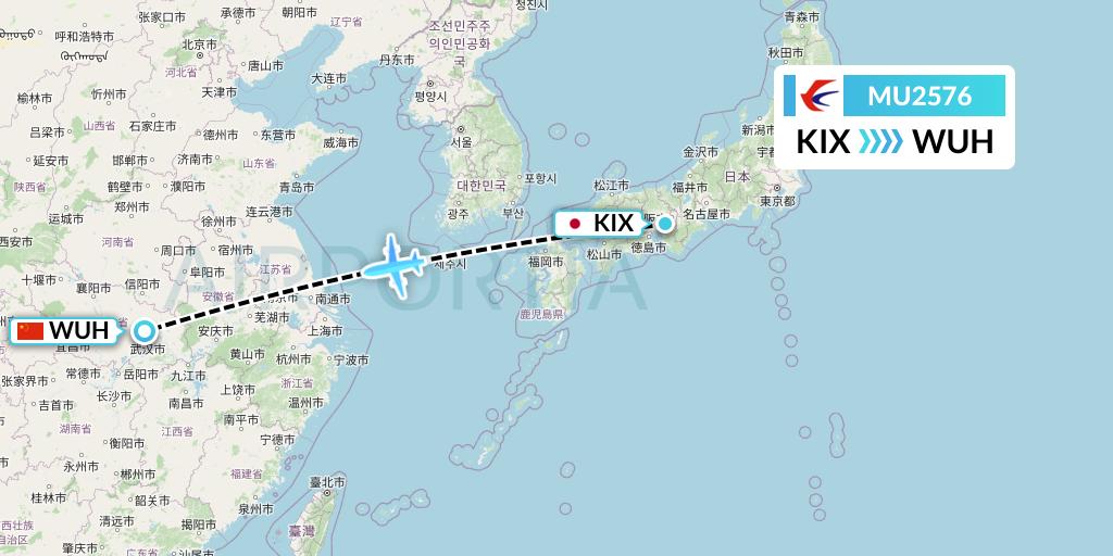 MU2576 China Eastern Airlines Flight Map: Osaka to Wuhan