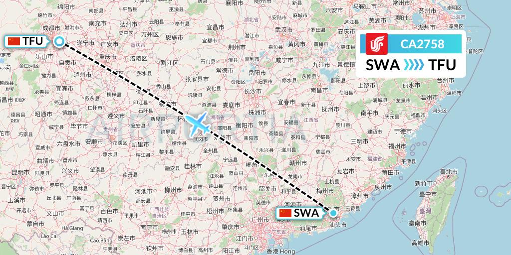 CA2758 Air China Flight Map: Jieyang to Chengdu
