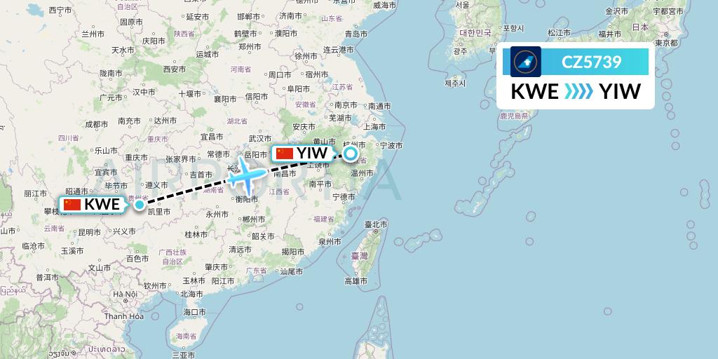 CZ5739 China Southern Airlines Flight Map: Guiyang to Yiwu