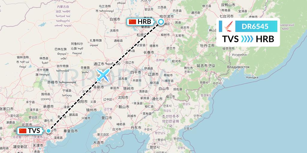 DR6545 Ruili Airlines Flight Map: Tangshan to Harbin