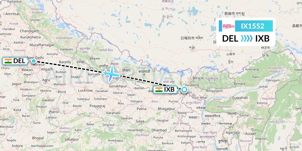 IX1552 Air India Express Flight Map: Delhi to Siliguri