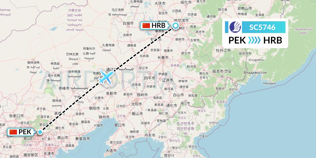SC5746 Shandong Airlines Flight Map: Beijing to Harbin